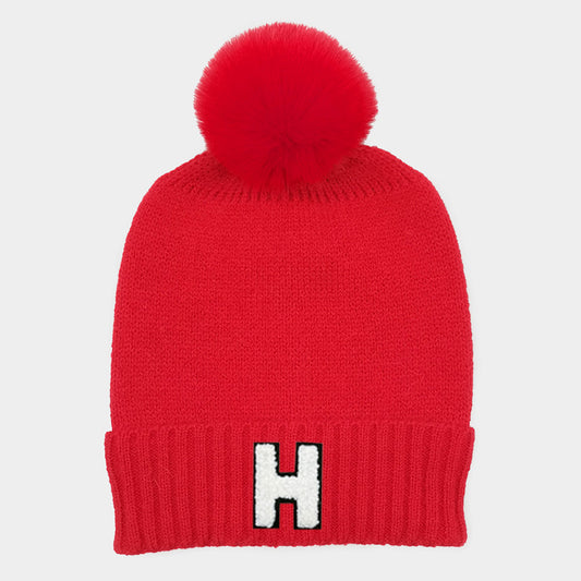 HATEGORY -H- Initial Monogram Faux Fur Pom Pom Knit Beanie Hat