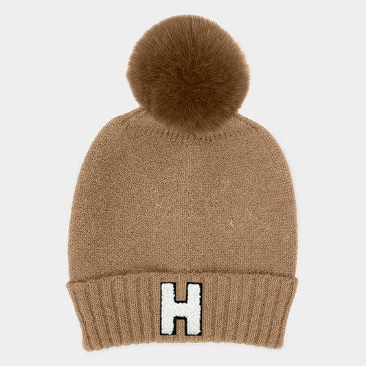 HATEGORY -H- Initial Monogram Faux Fur Pom Pom Knit Beanie Hat