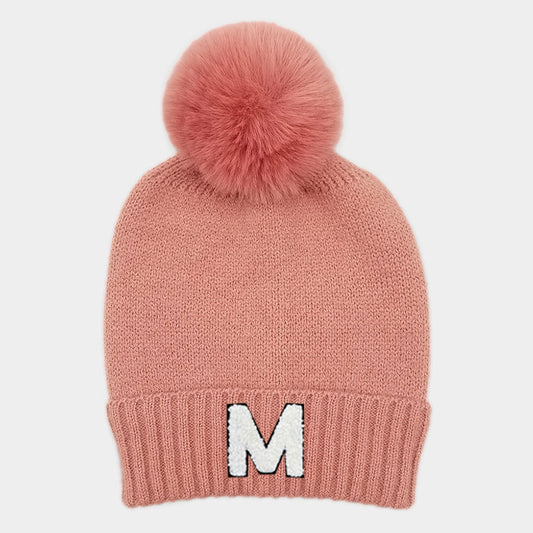 HATEGORY -M- Initial Monogram Faux Fur Pom Pom Knit Beanie Hat