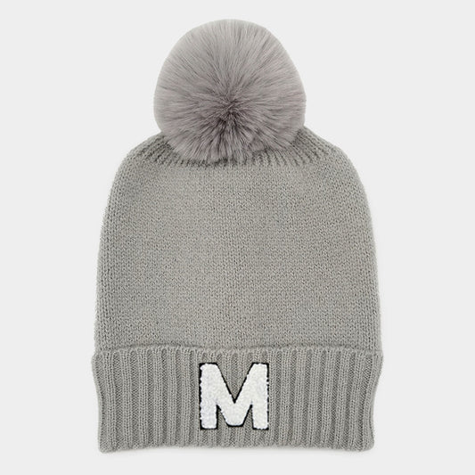 HATEGORY -M- Initial Monogram Faux Fur Pom Pom Knit Beanie Hat