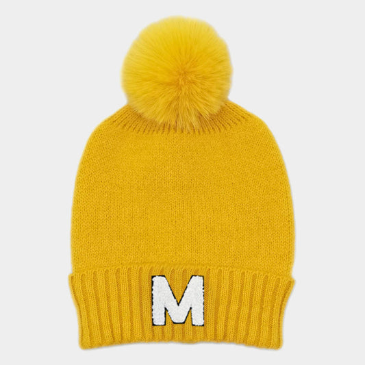 HATEGORY -M- Initial Monogram Faux Fur Pom Pom Knit Beanie Hat