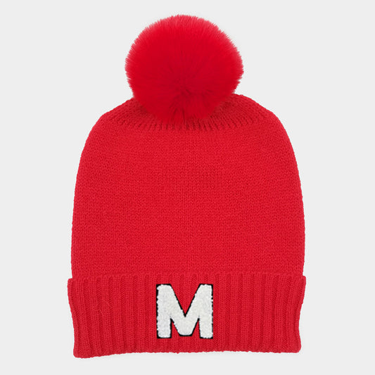 HATEGORY -M- Initial Monogram Faux Fur Pom Pom Knit Beanie Hat