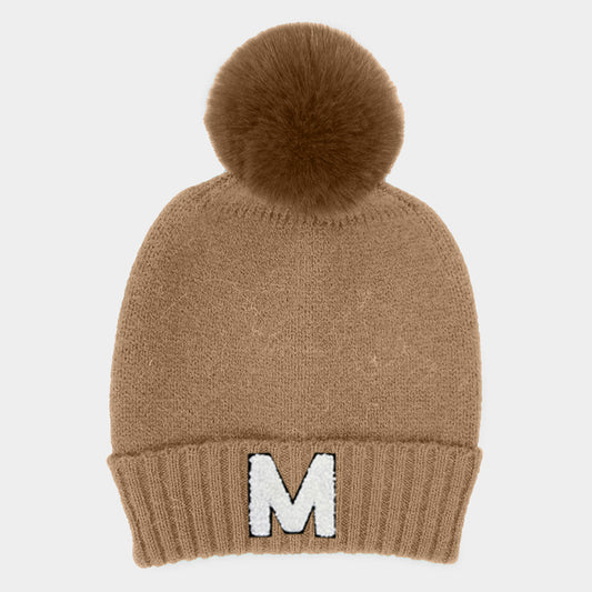 HATEGORY -M- Initial Monogram Faux Fur Pom Pom Knit Beanie Hat