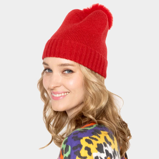 HATEGORY Solid Knit Beanie Hat With Faux Fur Pom