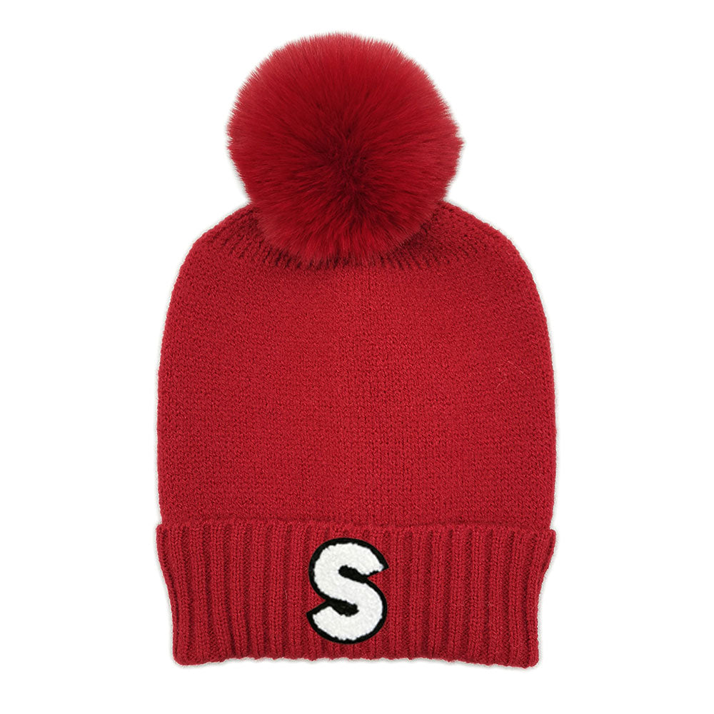HATEGORY -S- Initial Monogram Faux Fur Pom Pom Knit Beanie Hat
