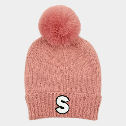 HATEGORY -S- Initial Monogram Faux Fur Pom Pom Knit Beanie Hat