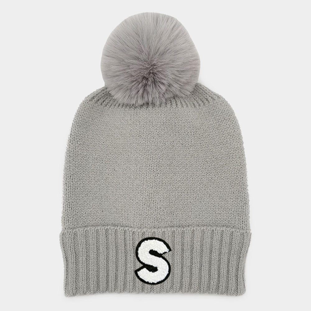 HATEGORY -S- Monogram Faux Fur Pom Pom Knit Beanie Hat