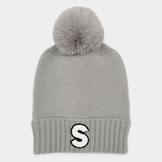 HATEGORY -S- Initial Monogram Faux Fur Pom Pom Knit Beanie Hat