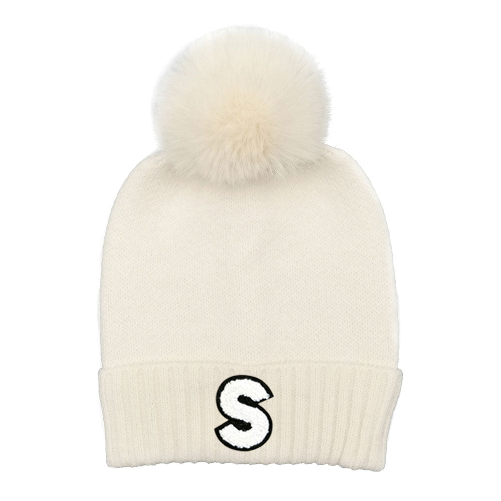 HATEGORY -S- Initial Monogram Faux Fur Pom Pom Knit Beanie Hat