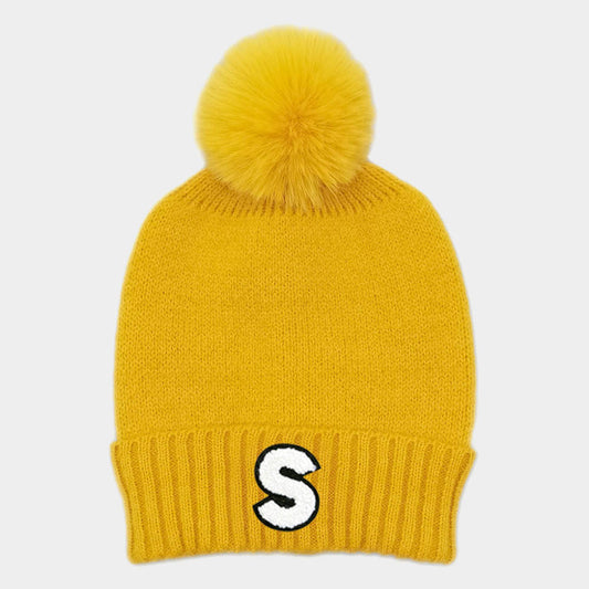 HATEGORY -S- Initial Monogram Faux Fur Pom Pom Knit Beanie Hat