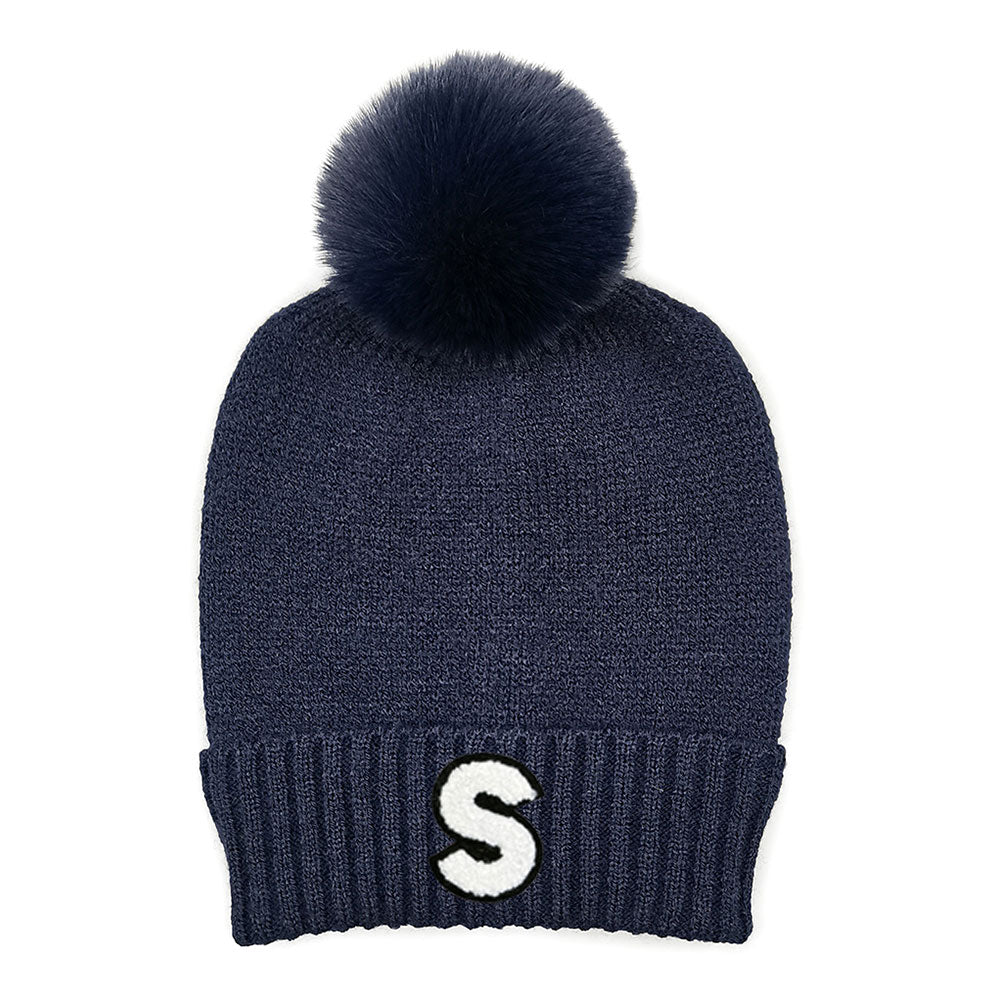 HATEGORY -S- Initial Monogram  Faux Fur Pom Pom Knit Beanie Hat