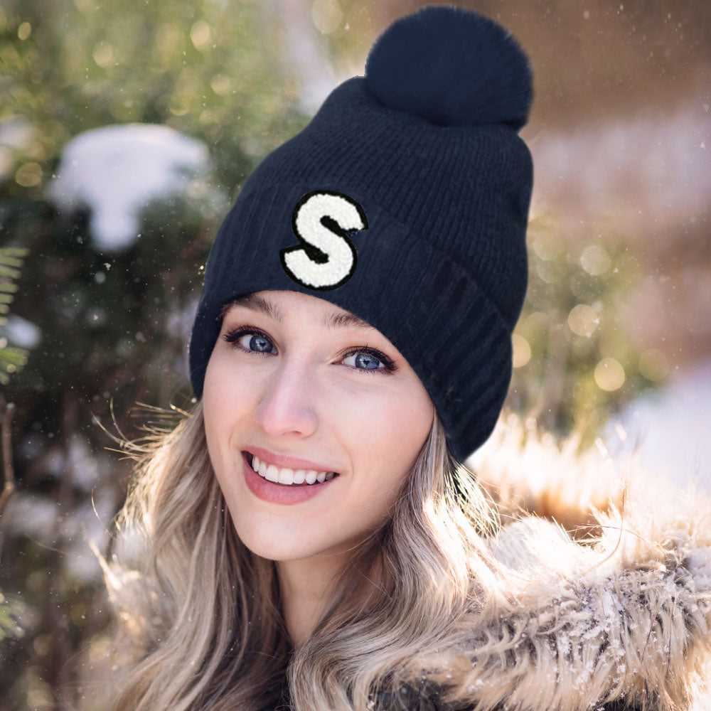HATEGORY -S- Initial Monogram  Faux Fur Pom Pom Knit Beanie Hat