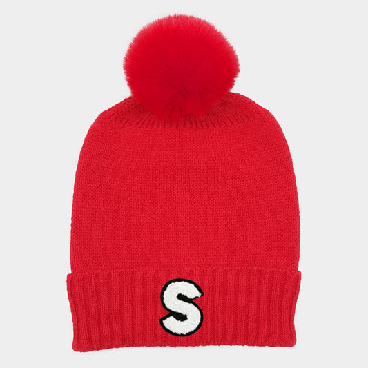 HATEGORY -S- Initial Monogram Faux Fur Pom Pom Knit Beanie Hat