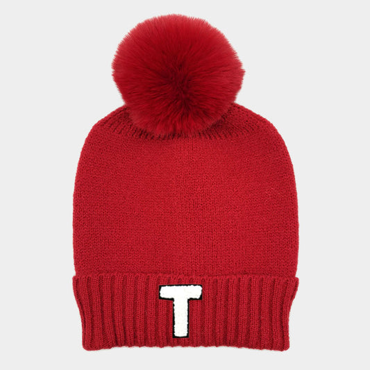 HATEGORY -T- Initial Monogram Faux Fur Pom Pom Knit Beanie Hat