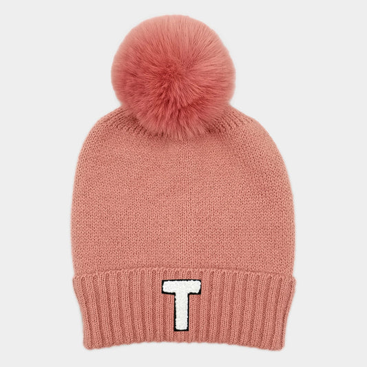 HATEGORY -T- Initial Monogram Faux Fur Pom Pom Knit Beanie Hat