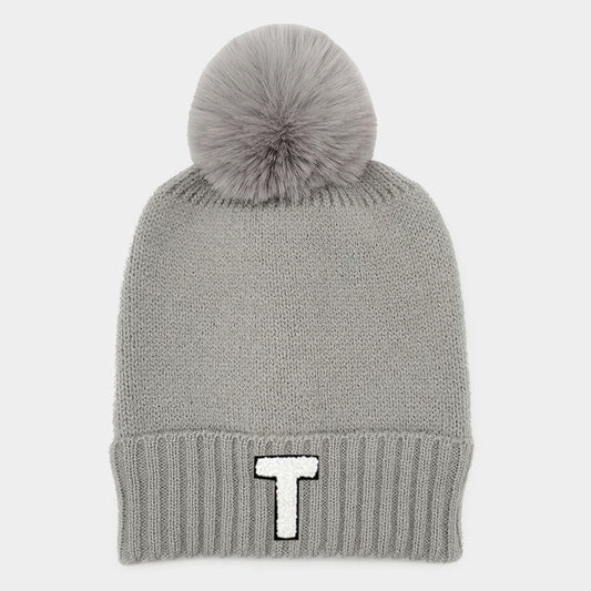 HATEGORY -T- Initial Monogram Faux Fur Pom Pom Knit Beanie Hat
