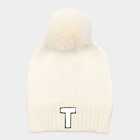 HATEGORY -T- Initial Monogram Faux Fur Pom Pom Knit Beanie Hat