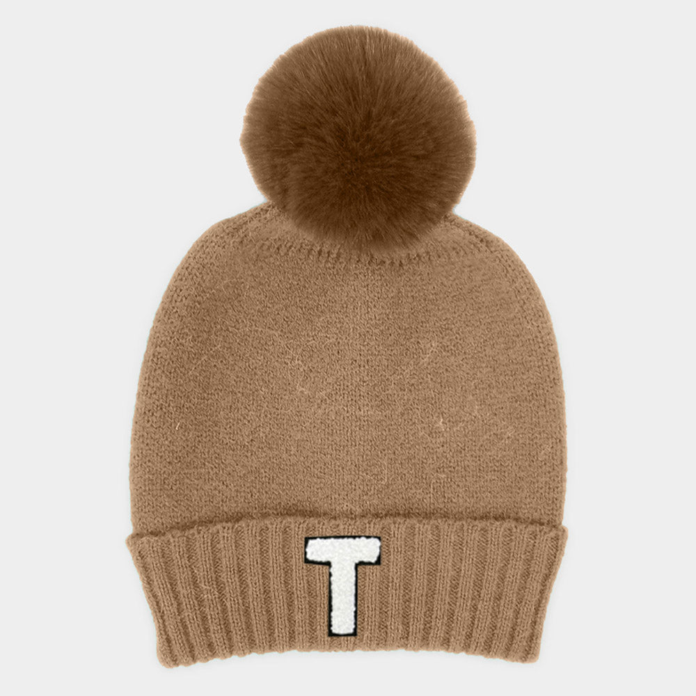 HATEGORY -T- Initial Monogram Faux Fur Pom Pom Knit Beanie Hat