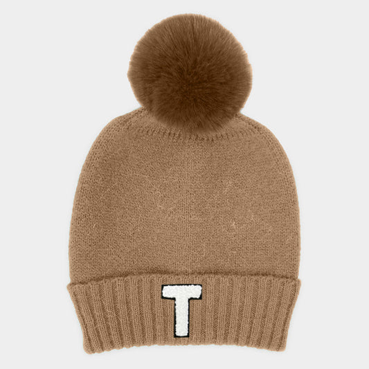 HATEGORY -T- Initial Monogram Faux Fur Pom Pom Knit Beanie Hat