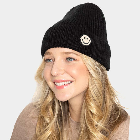 HATEGORY Smile Patch Ribbed Cuff Knit Beanie Hat