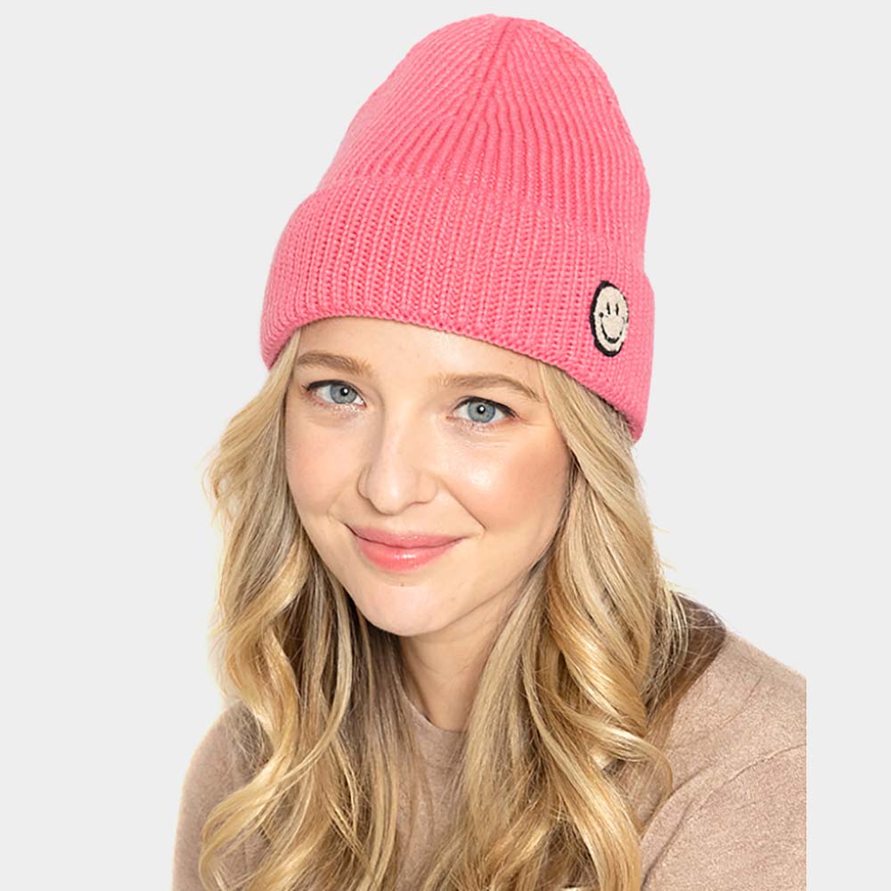 HATEGORY Smile Patch Ribbed Cuff Knit Beanie Hat