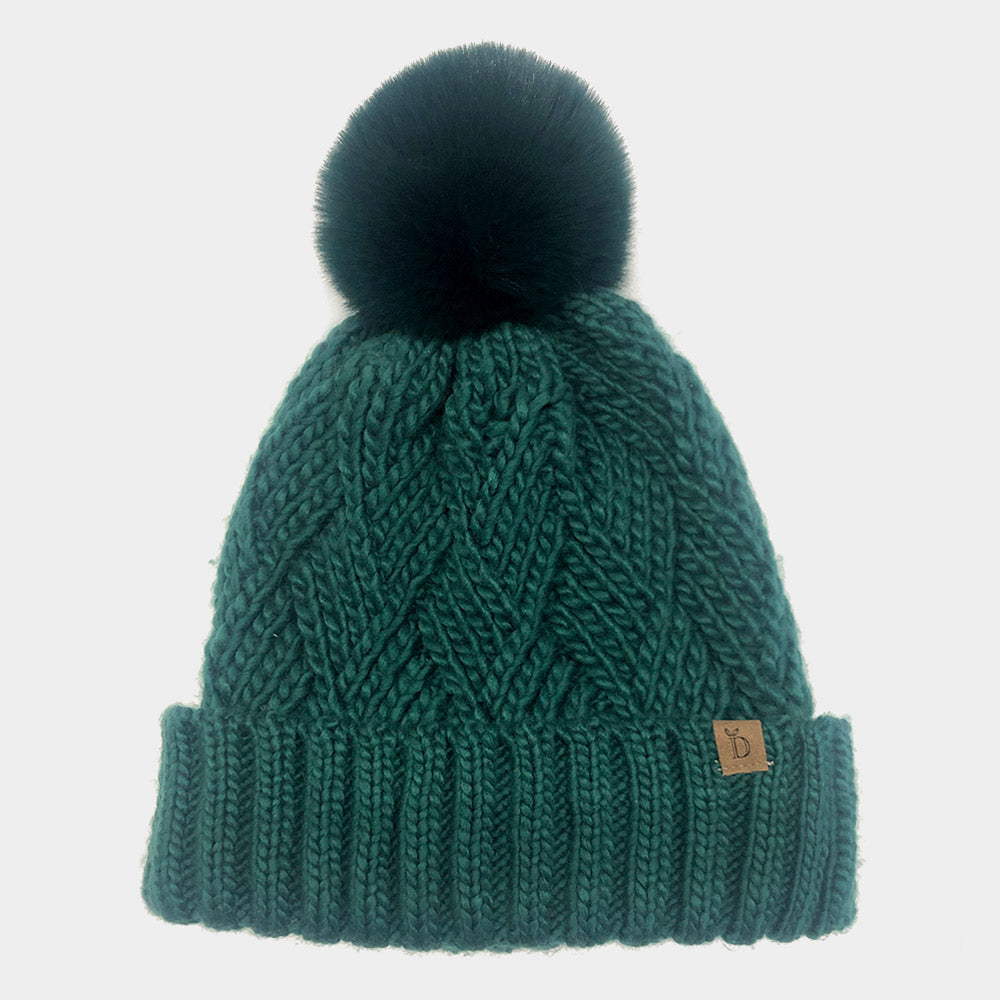 HATEGORY Faux Fur Pom Pom Cable Knit Beanie Hat