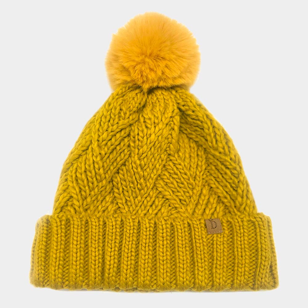 HATEGORY Faux Fur Pom Pom Cable Knit Beanie Hat