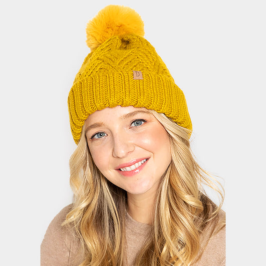HATEGORY Faux Fur Pom Pom Cable Knit Beanie Hat
