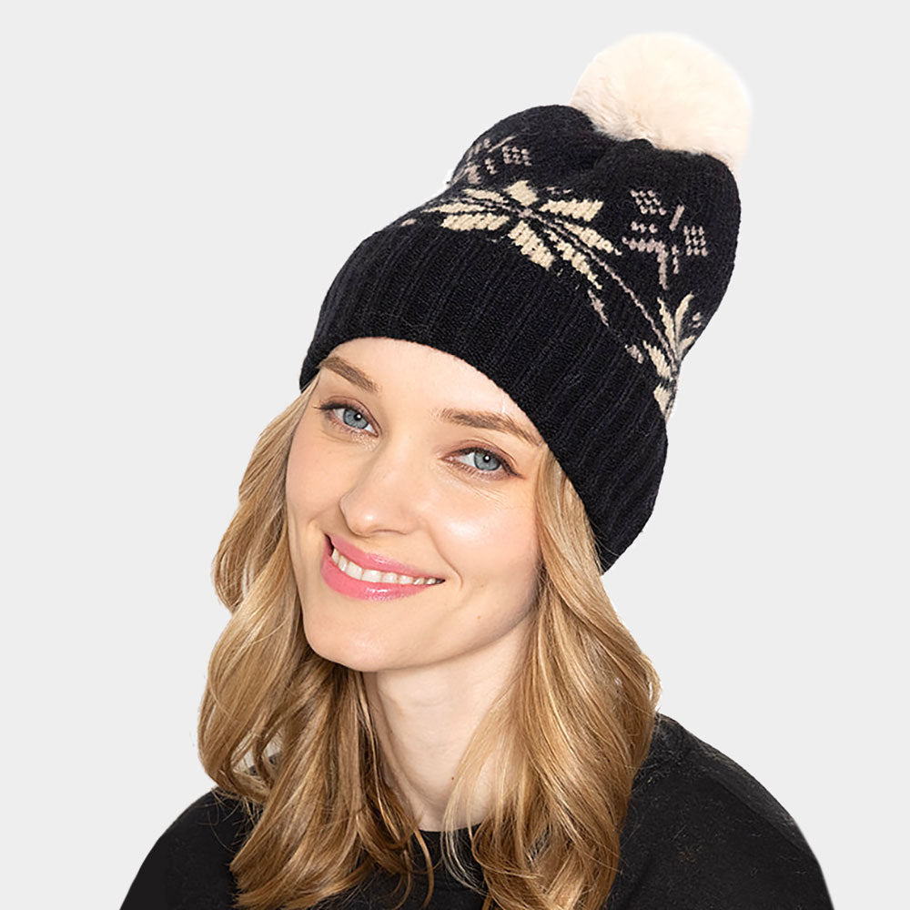 HATEGORY Snowflake Printed Faux Fur Pom Pom Beanie Hat