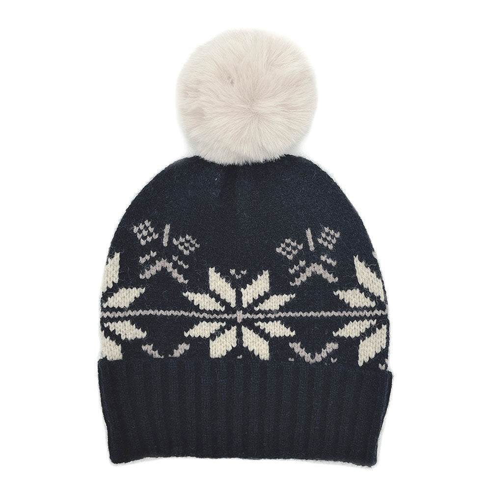 HATEGORY Snowflake Printed Faux Fur Pom Pom Beanie Hat