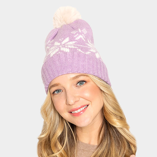 HATEGORY Snowflake Printed Faux Fur Pom Pom Beanie Hat
