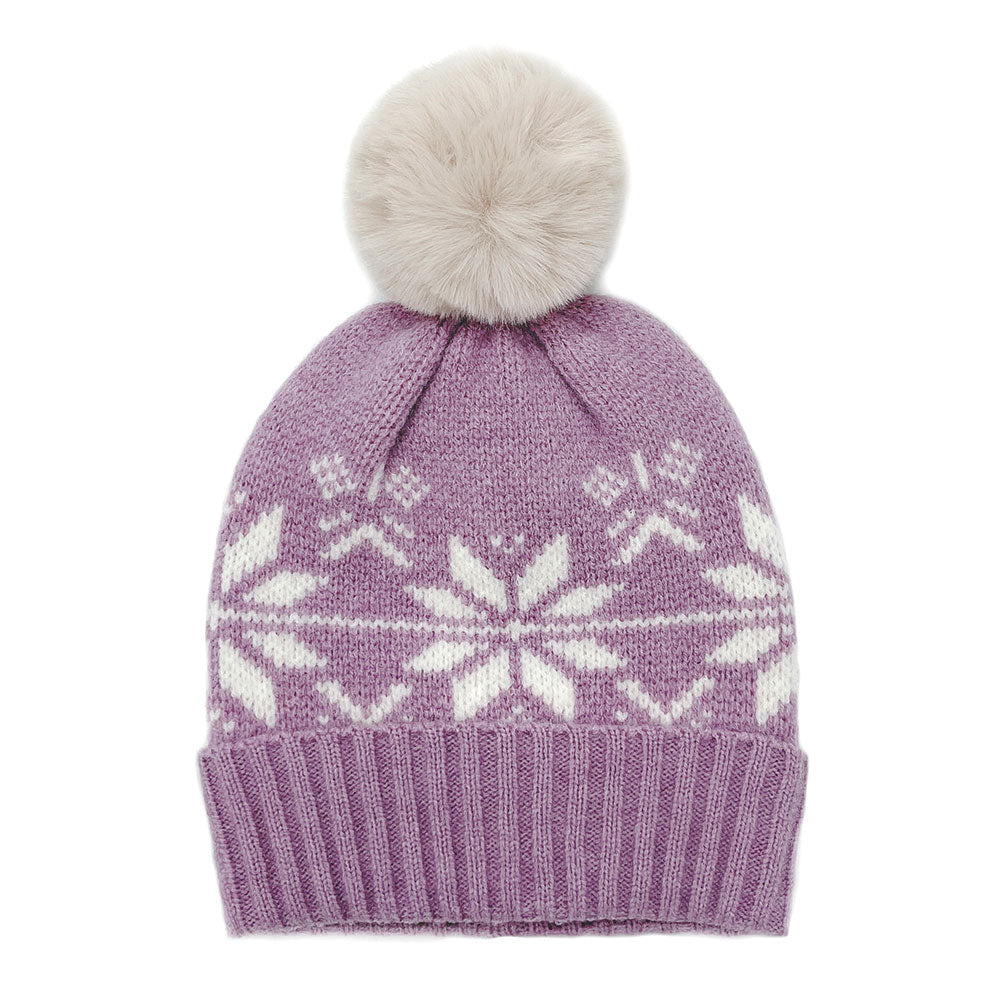 HATEGORY Snowflake Printed Faux Fur Pom Pom Beanie Hat
