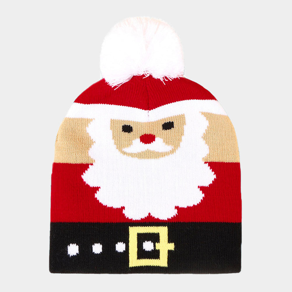 HATEGORY Holiday Santa Claus Printed Yarn Pom Pom Beanie Hat