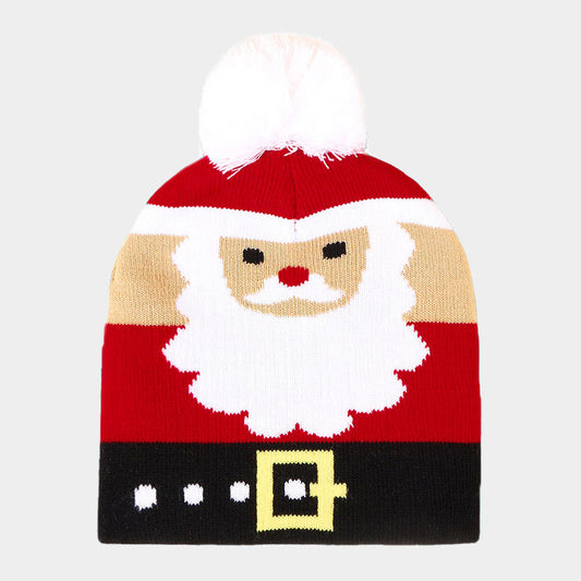 HATEGORY Holiday Santa Claus Printed Yarn Pom Pom Beanie Hat