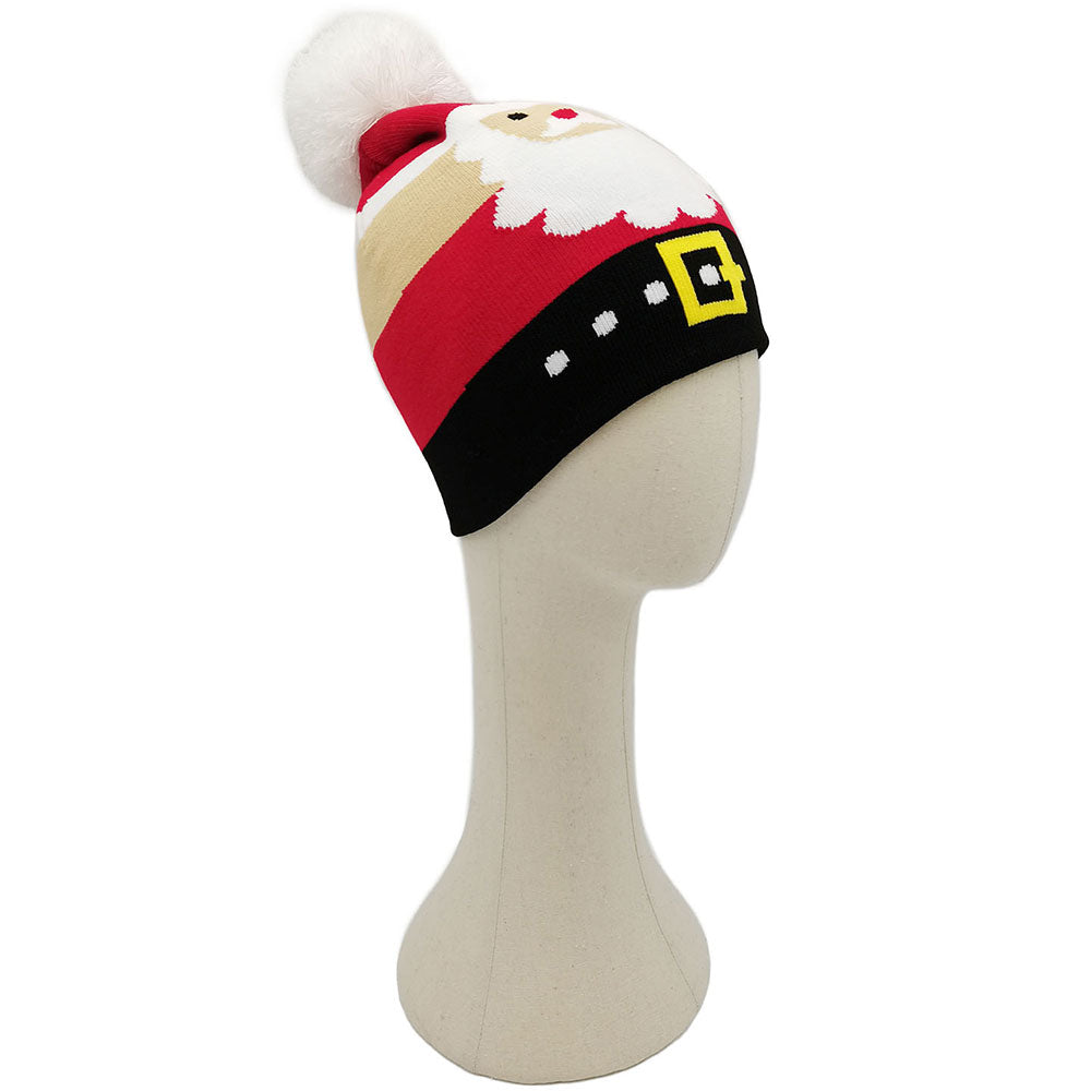 HATEGORY Holiday Santa Claus Printed Yarn Pom Pom Beanie Hat
