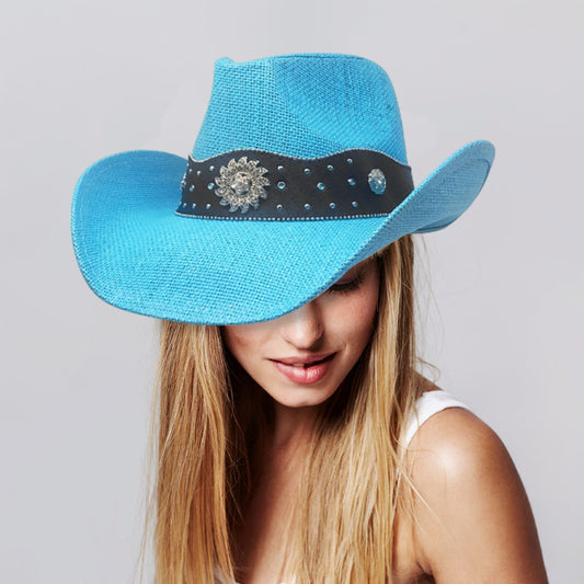 HATEGORY Vintage Metal Western Flower Pointed Genuine Leather Straw Cowboy Hat