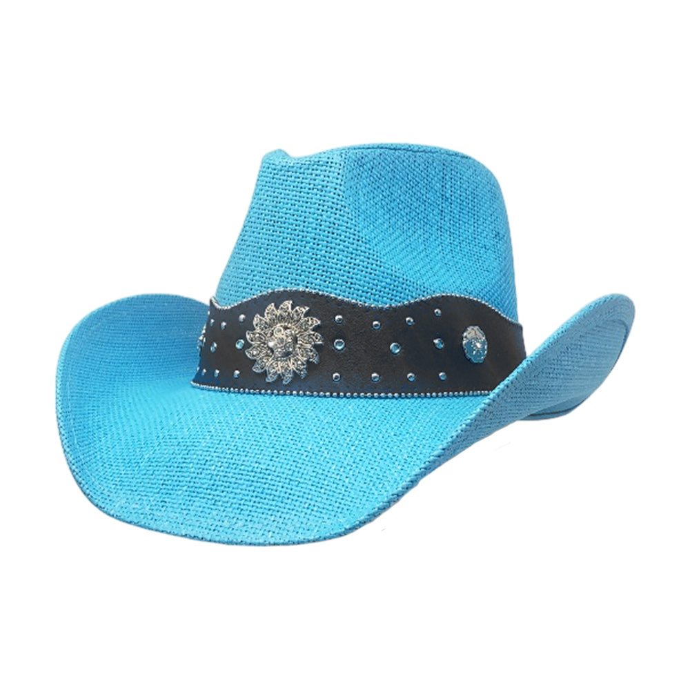 HATEGORY Vintage Metal Western Flower Pointed Genuine Leather Straw Cowboy Hat