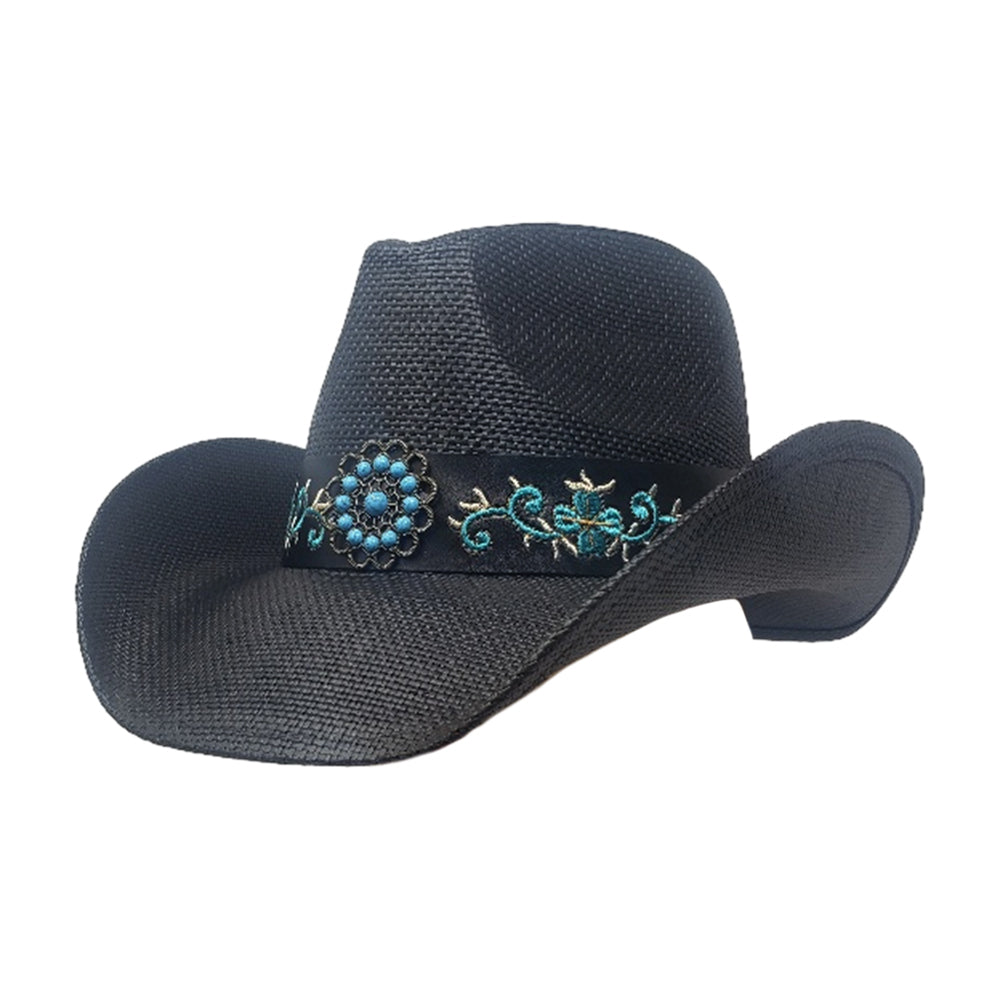 HATEGORY Turquoise Stone Western Flower Pointed Flower Embroidered Genuine Leather Band Straw Cowboy Hat