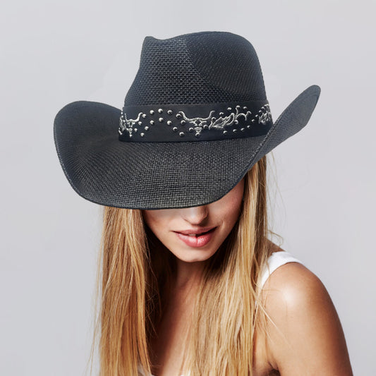 HATEGORY Western Metal Steel Head Studded Genuine Leather Band Straw Cowboy Hat