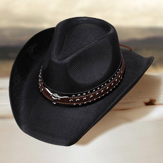 HATEGORY Metal Steer Head Studded Faux Leather Band Western Straw Cowboy Fedora Hat