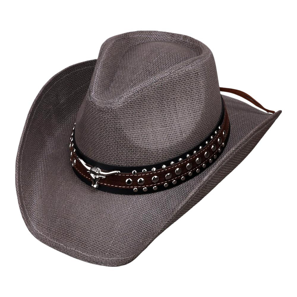 HATEGORY Metal Steer Head Studded Faux Leather Band Western Straw Cowboy Fedora Hat