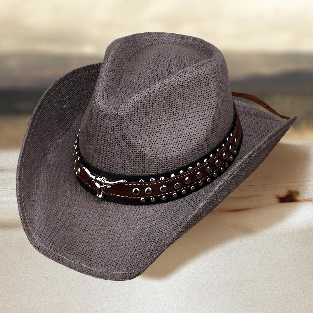 HATEGORY Metal Steer Head Studded Faux Leather Band Western Straw Cowboy Fedora Hat