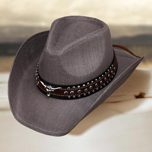HATEGORY Metal Steer Head Studded Faux Leather Band Western Straw Cowboy Fedora Hat