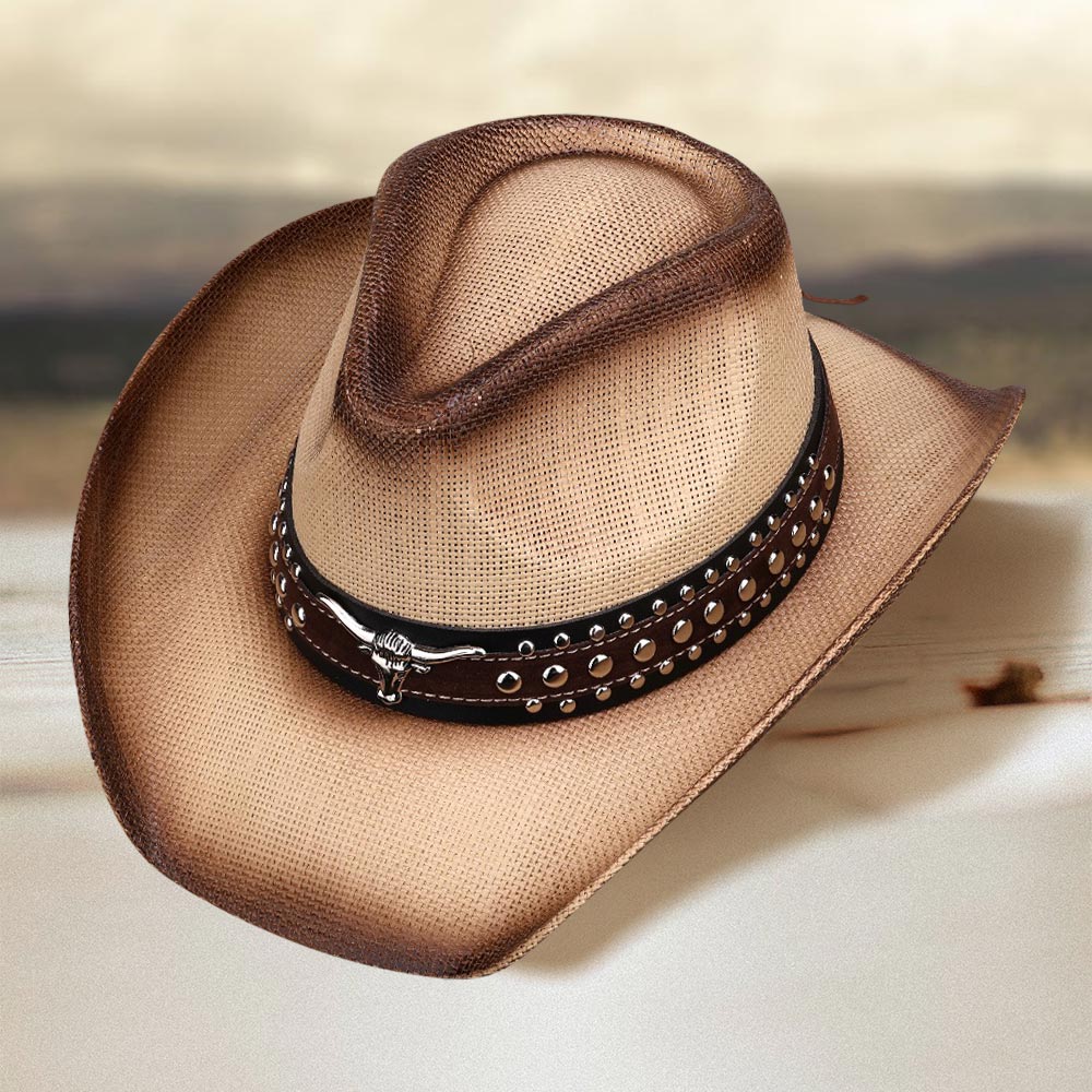 HATEGORY Metal Steer Head Studded Faux Leather Band Western Straw Cowboy Fedora Hat