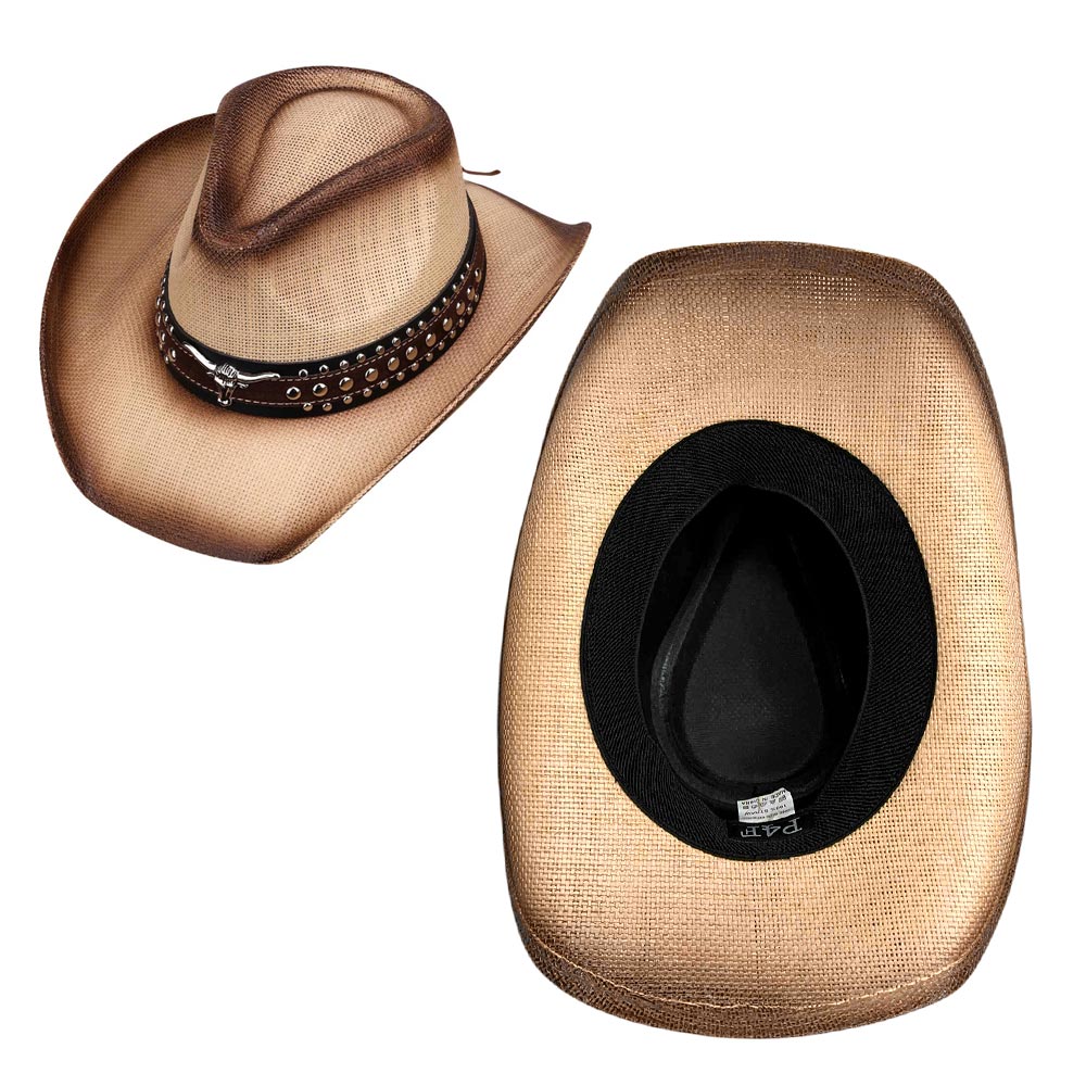 HATEGORY Metal Steer Head Studded Faux Leather Band Western Straw Cowboy Fedora Hat