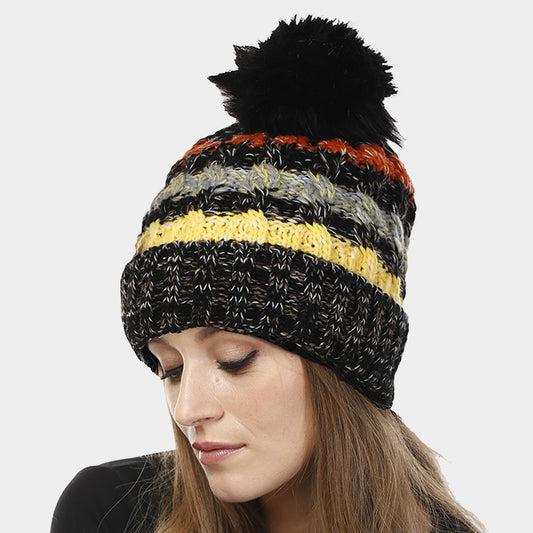 HATEGORY Multi Colored Striped Pom Pom Beanie Hat