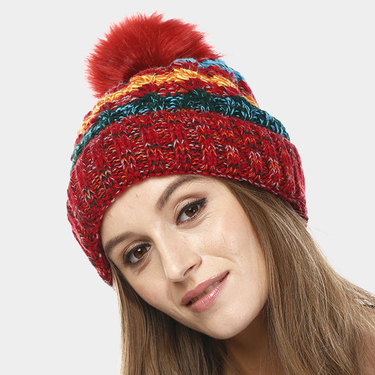 HATEGORY Multi Colored Striped Pom Pom Beanie Hat