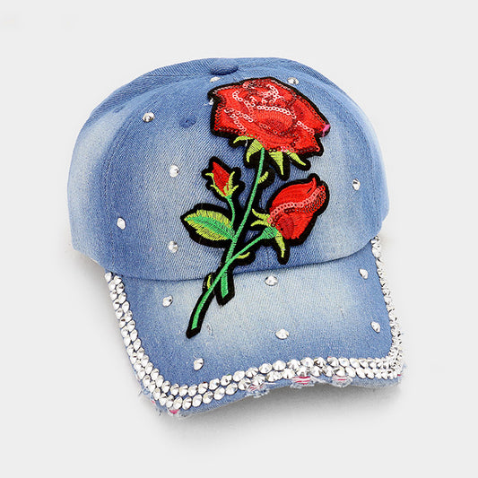 HATEGORY Bling Flower Patch Denim Baseball Cap