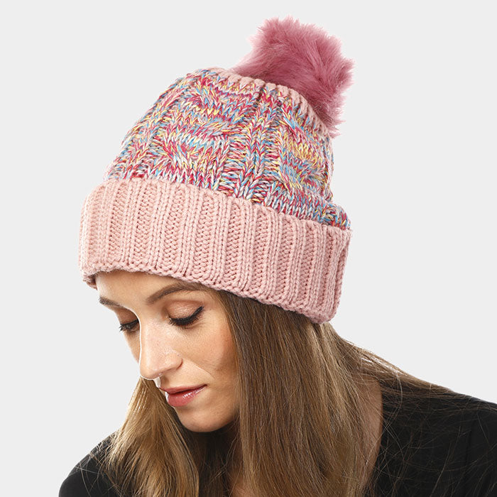 HATEGORY Multi Color Cable Knit Pom Pom Beanie Hat