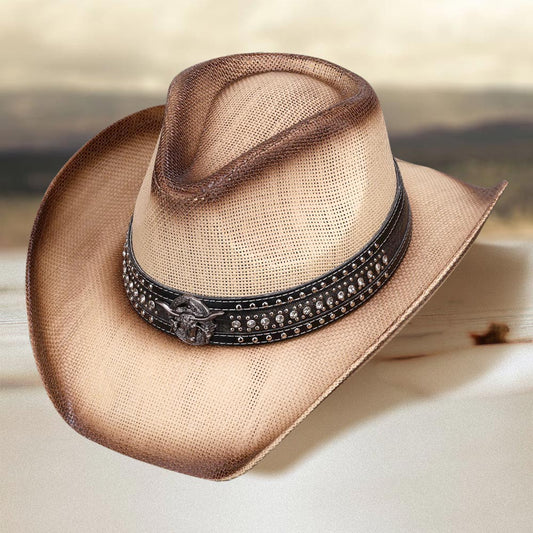 HATEGORY Metal Steer Head Studded Faux Leather Band Western Straw Cowboy Fedora Hat